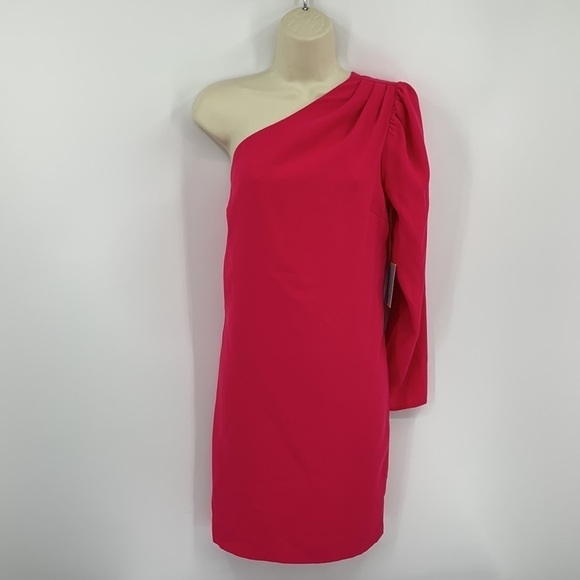 CeCe Moss crepe one shoulder dress bright hot pink pleated sleeve new Small - Picture 2 of 5